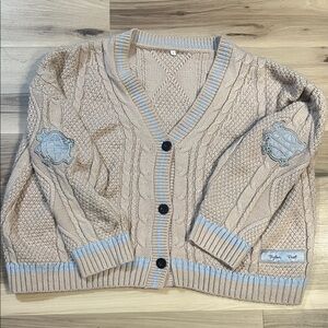 Taylor Tan Cable Knit Cardigan with Blue Details